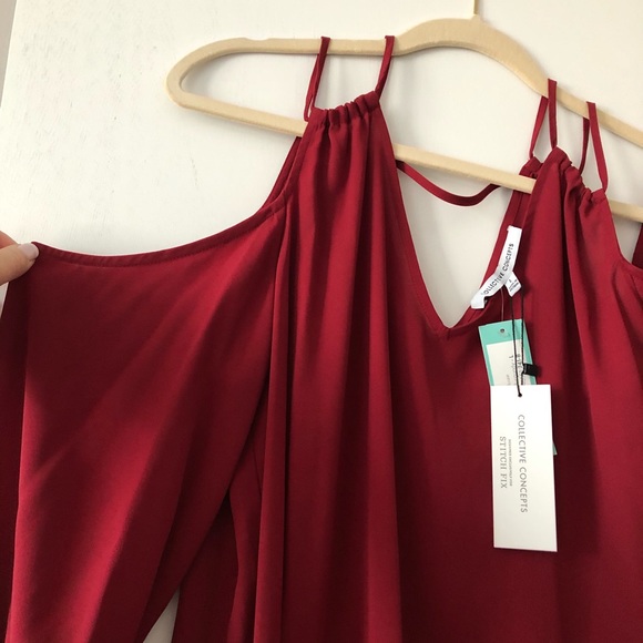 Collective Concepts Glenice Cold Shoulder Blouse Dark Red - Picture 6 of 9